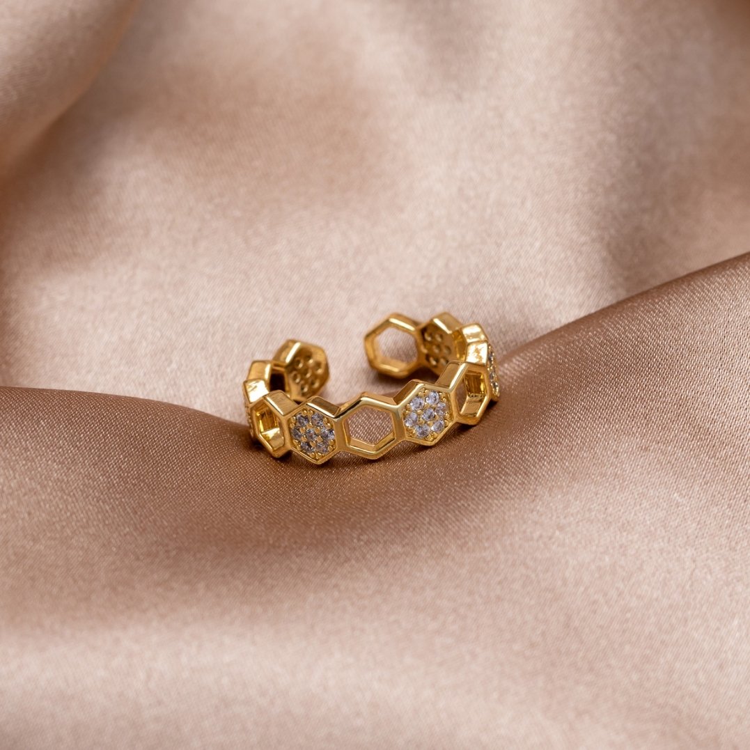 Honigwaben Kristall-Goldring
