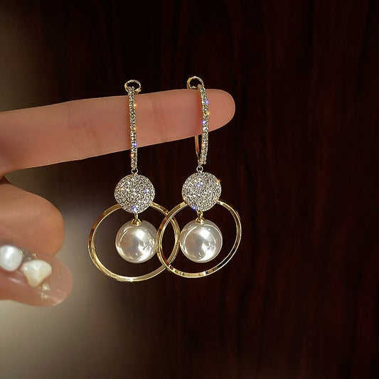 Elegante Doppelring Perlenohrringe